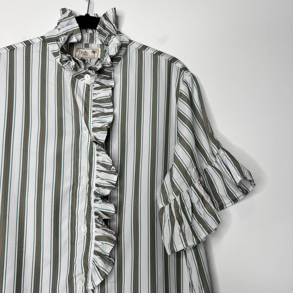 Mille Vanessa Top XL Green Stripe Ruffle Cotton Resort Blouse NWT - Picture 2 of 8